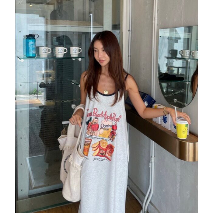 韩国chic套头休闲韩版卡通图案印花连衣裙2026夏季新品中长裙女