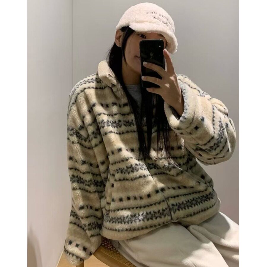 韩国chic复古提花羊羔绒保暖棉服复古小众外套2026秋冬新品开衫女