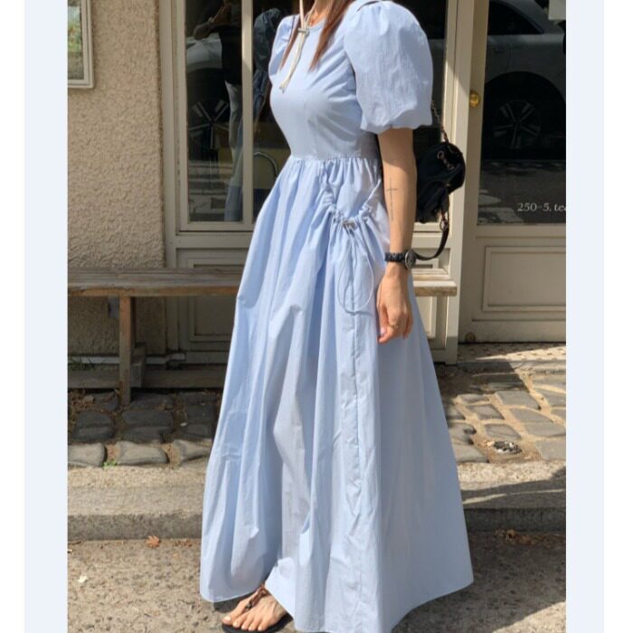 韩国2026夏季新款小众设计款大口袋泡泡袖连衣裙女中长款气质裙子