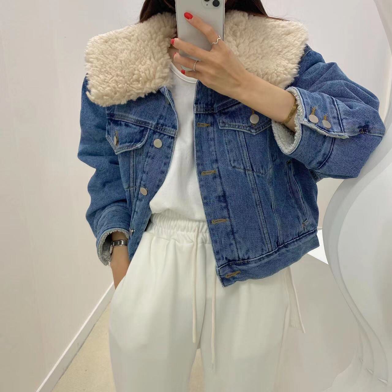 韩国chic复古羊羔毛夹棉加厚保暖牛仔短外套女2026秋冬新品女开衫