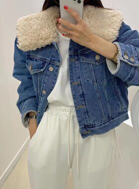 韩国chic复古羊羔毛夹棉加厚保暖牛仔短外套女2026秋冬新品女开衫