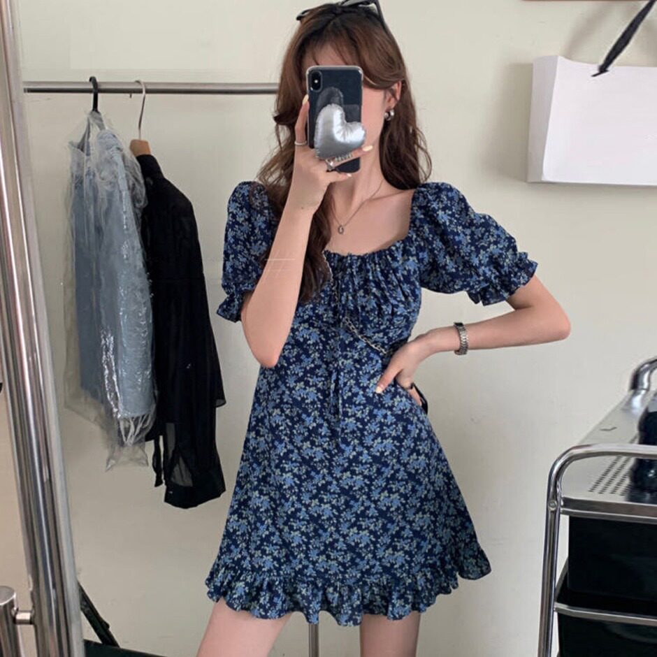 韩国chic2026夏季新品法式气质碎花显瘦小个子短款裙子女连衣裙