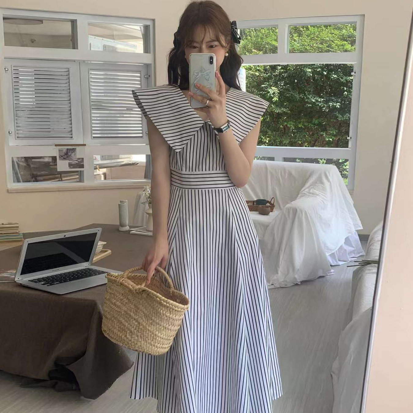 韩国INS韩系甜美百搭翻领收腰条纹连衣裙2026夏季新品中长款裙子