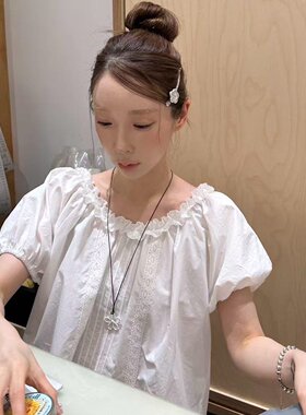 韩国东大门欧尼同款甜美可爱蕾丝木耳花边泡泡短袖衬衫上衣2026夏
