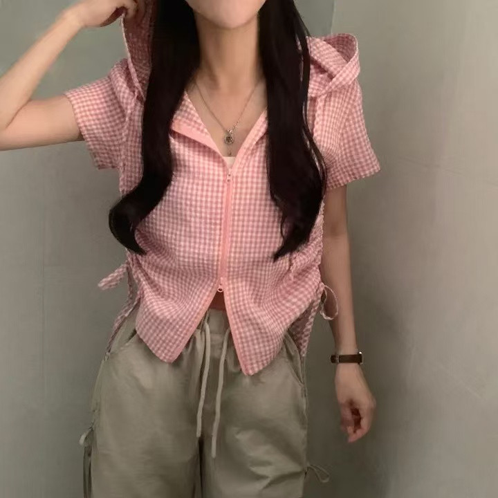 韩国chic拉链短袖抽绳格子连帽气质显瘦衬衫外套女2026夏季新品