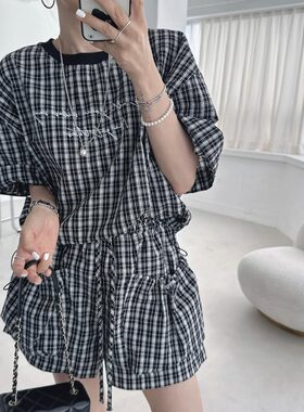 韩国chic2026夏季新品宽松显瘦格纹上衣裤子休闲百搭时尚两件套装