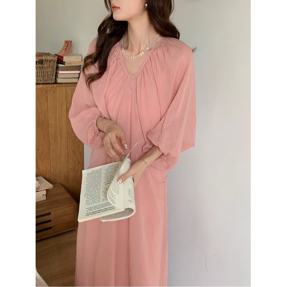 韩风chic2026夏季新品灯笼袖宽松连衣裙女夏季苎麻高级感仙女长裙