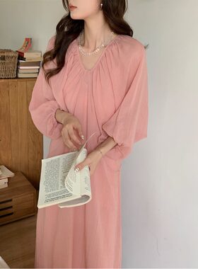 韩风chic2026夏季新品灯笼袖宽松连衣裙女夏季苎麻高级感仙女长裙