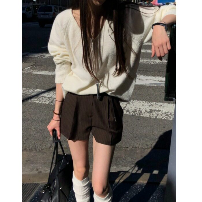 韩系立体打褶西装短裤抗皱廓形竖条纹气质西装裤女2026夏季新品