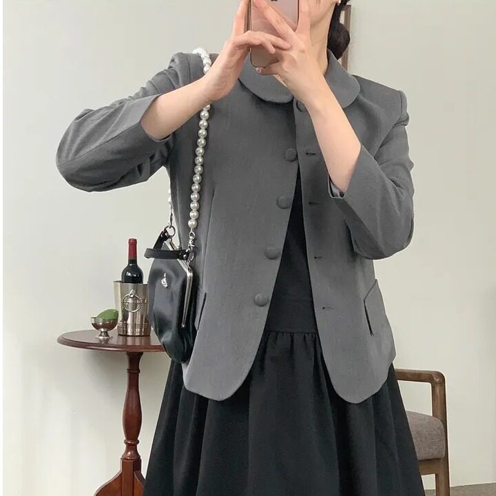 chic韩版2026秋季时尚小众娃娃领单排扣长袖简约百搭西装夹克外套