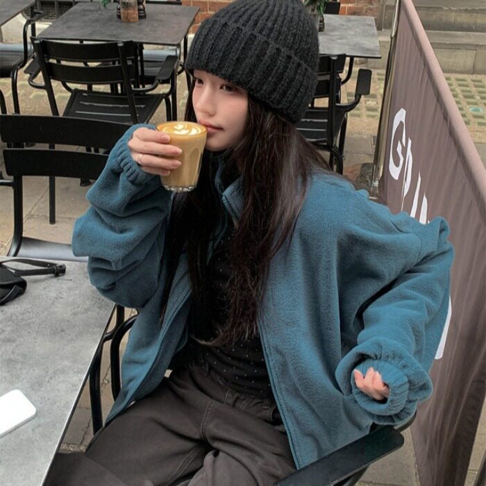 chic韩系秋冬慵懒休闲时尚立领拉链百搭保暖摇粒绒卫衣夹克外套