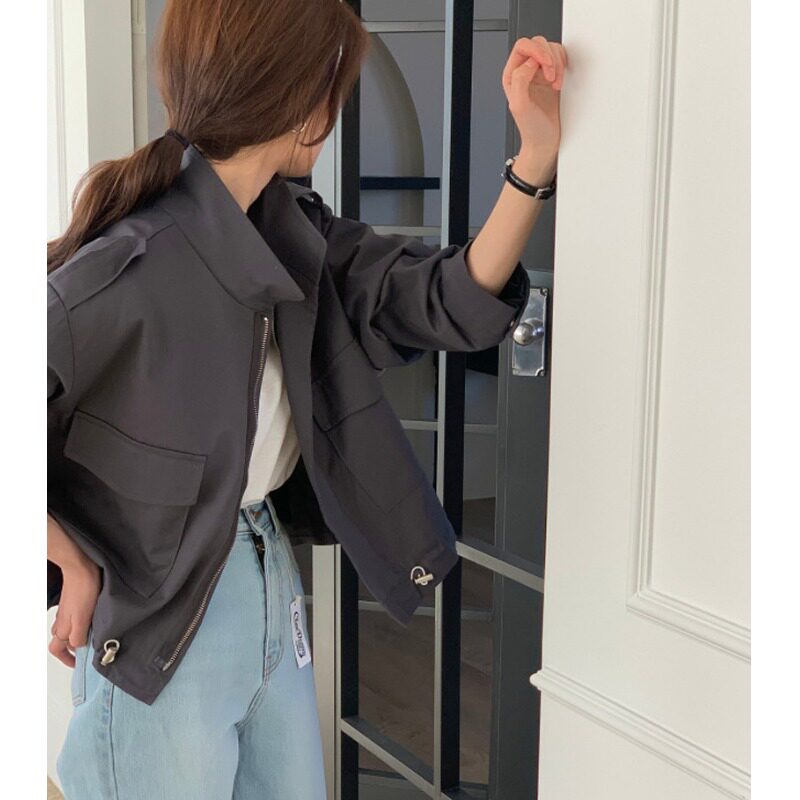 韩系2026早春新品时尚港风立领抽绳短外套时尚好看百搭显瘦开衫女