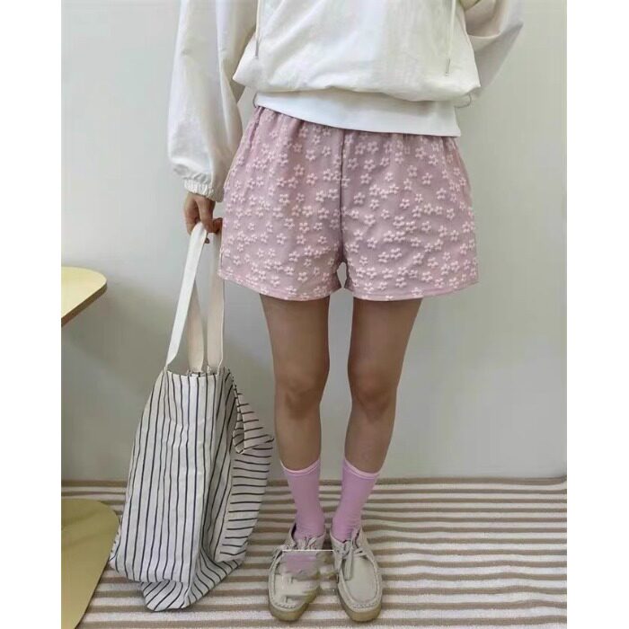 韩国立体小花朵2026夏季松紧腰抽绳宽松休闲裤时尚百搭显瘦短裤子