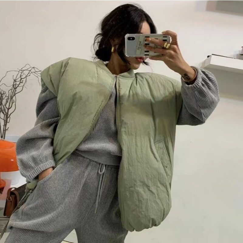 韩国时尚宽松无袖面包服棉衣马甲外套保暖纯色棉服马夹2026秋冬新