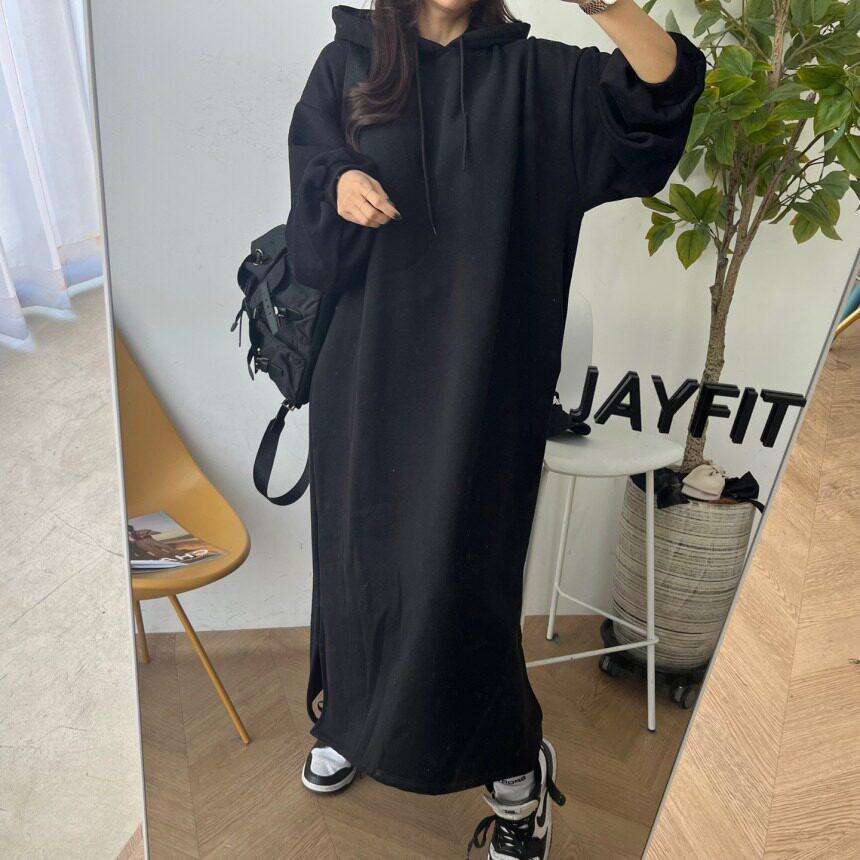 韩国chic2026秋季休闲连衣裙女宽松慵懒风长款加绒卫衣裙女长裙