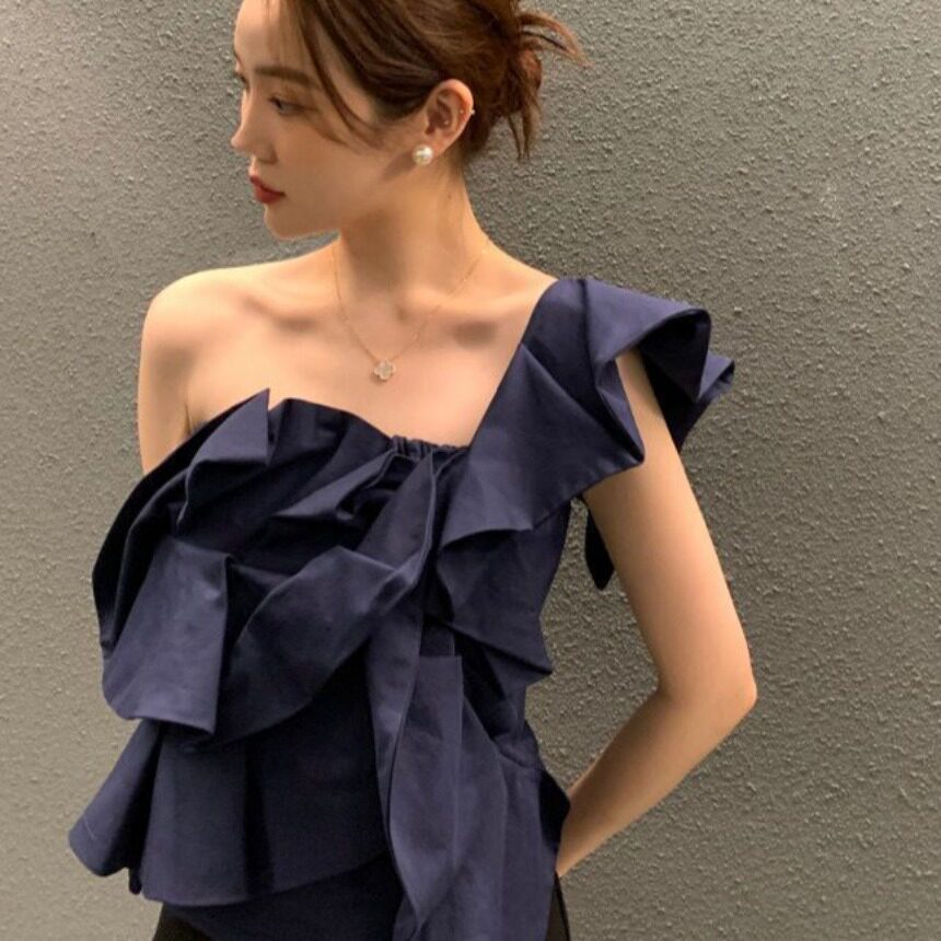 韩风chic2026夏季短款荷叶边心机性感露肩锁骨抹胸衬衫时尚上衣