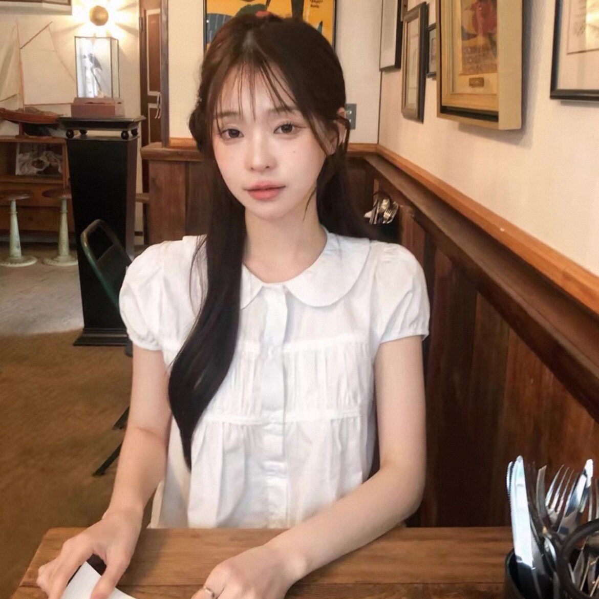 韩国chic甜美减龄娃娃领蕾丝花边皱褶泡泡袖衬衫2026夏季新品上衣