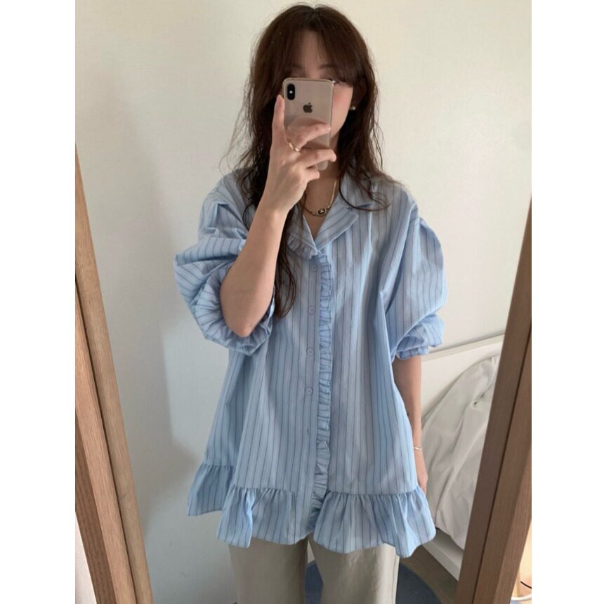 韩国东大门小众设计感木耳边拼接条纹衬衫连衣裙女2026春季新品