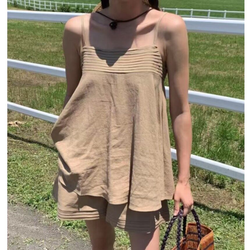 韩国chic风琴褶宽松背心吊带上衣+高腰休闲短裤套装女2026夏季新