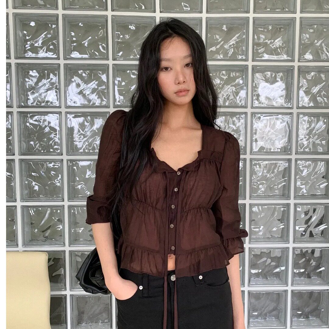 chic韩系早秋法式甜美减龄温柔木耳边皱褶收腰雪纺防晒衬衫上衣