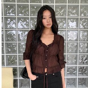 chic韩系早秋法式甜美减龄温柔木耳边皱褶收腰雪纺防晒衬衫上衣