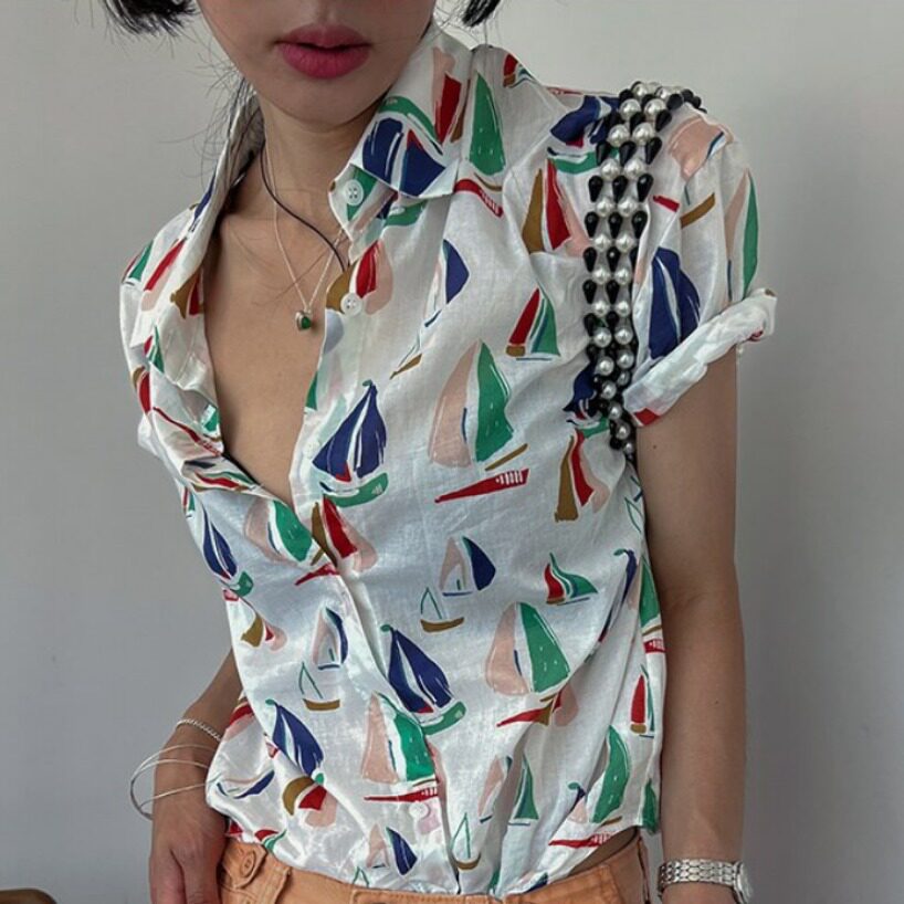 韩国chic2026夏季新品翻船印花度假风薄款短袖气质显瘦衬衫上衣