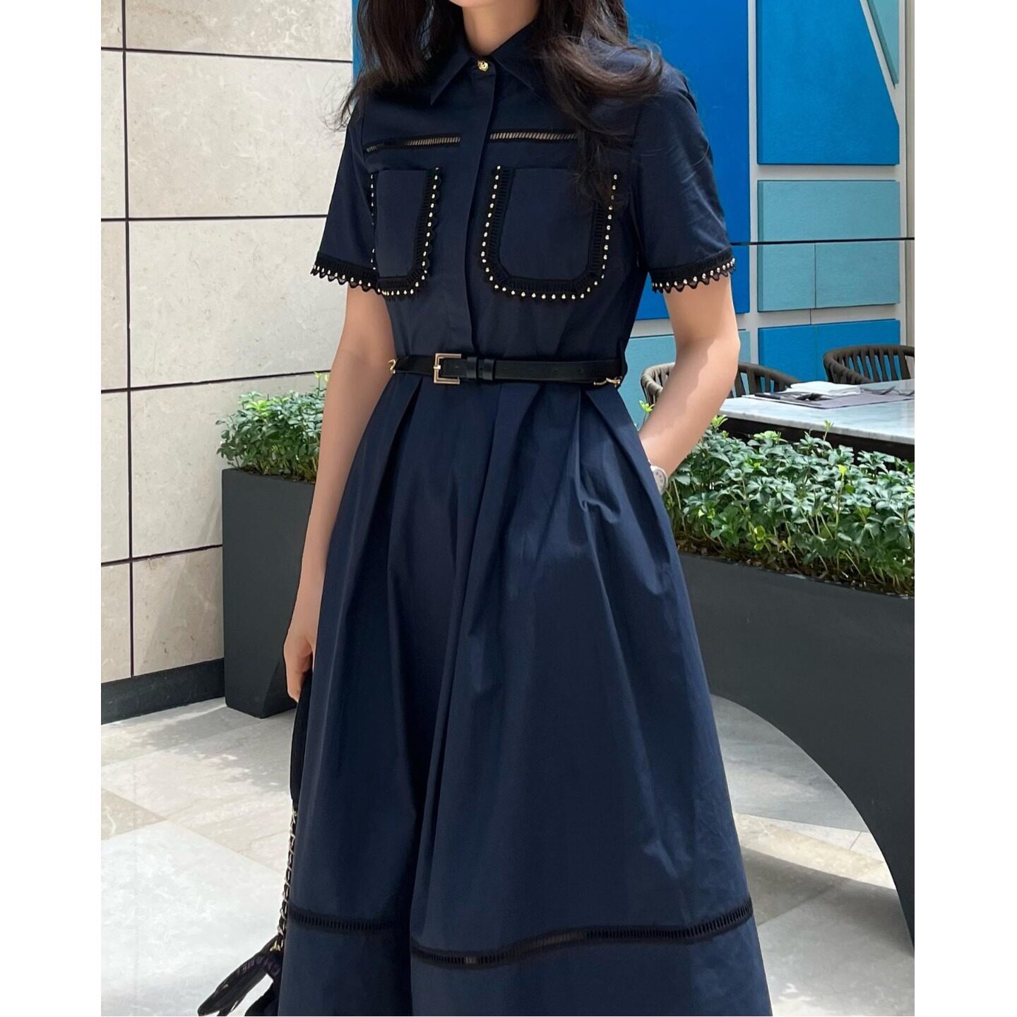 韩国ins 重工镂空花边显瘦连衣裙气质配腰带2026夏季新品裙子女