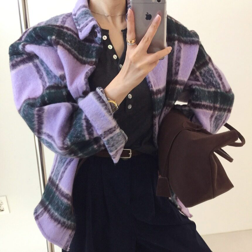 韩风长袖外套休闲百搭显瘦宽松呢子格纹拉绒格子衬衫2026秋季新品