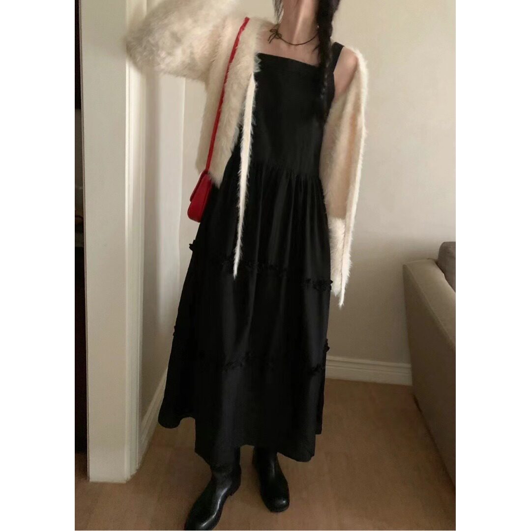 韩国2026春季新品甜美内搭无袖木耳花边吊带中长款气质显瘦连衣裙