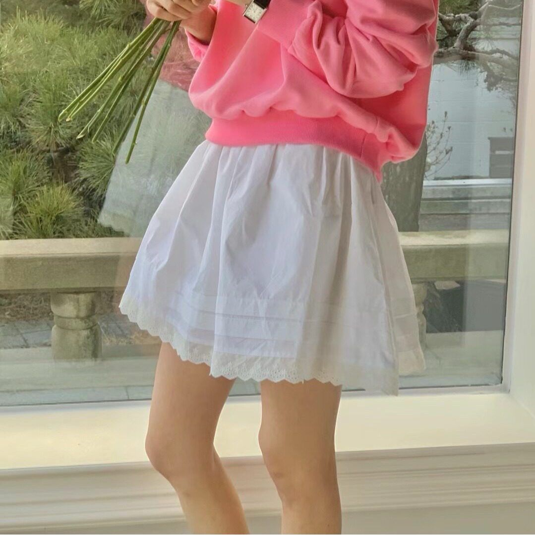 韩国INS松紧腰纯色蕾丝拼接百搭半身裙2026夏季新品显瘦短裙女