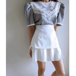 韩国东大门蕾丝拼接字母圆领短袖泡泡袖t恤女2026夏季新品半身裙