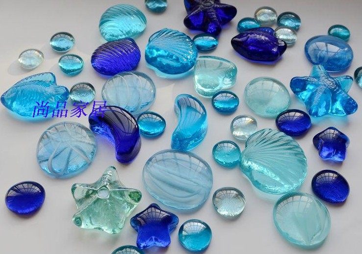 蓝色海星小鱼贝壳玻璃珠扁珠玻璃石水晶石鱼缸水族家装造景五百克
