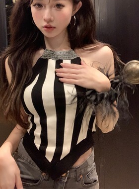 辣妹爵士舞上衣条纹设计挂脖短款打底内搭无袖jazz背心外穿