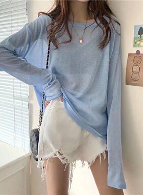 浅蓝色防嗮T恤女夏季超薄款镂空微透明爵士罩衫慵懒款冰丝防嗮衣