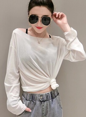 辣妹防嗮衣性感一字领防嗮T恤薄款宽松爵士罩衫镂空微透防嗮上衣