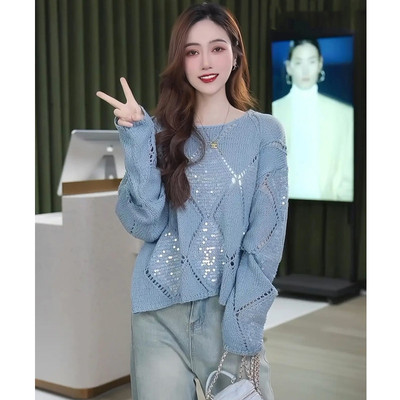 jazz上衣服装女菱格亮片镂空套头女宽松慵懒风爵士舞罩衫防嗮衫