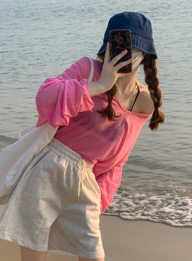 jazz上衣服装女薄款宽松慵懒V领粉红色防晒T恤衫爵士舞罩衫防嗮衫