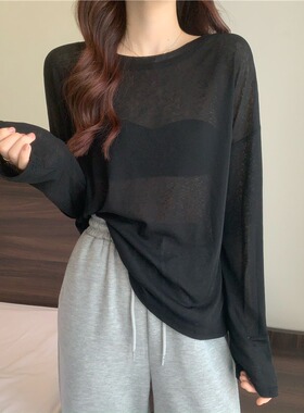 黑色冰丝爵士罩衫女夏长袖宽松薄款套头镂空微透纯色网红防嗮上衣