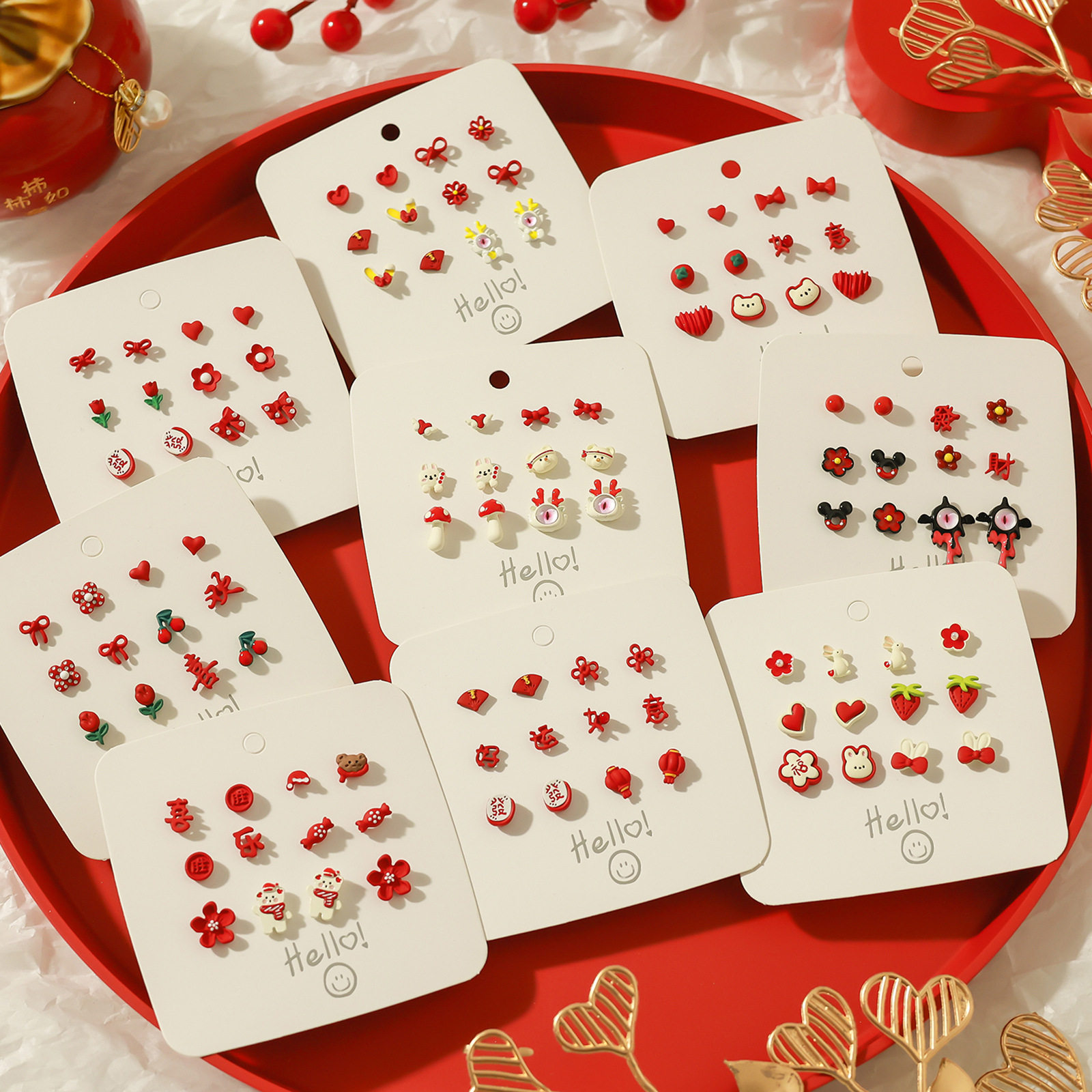 2025新年款红色S925银针耳钉套装中国风喜庆耳环女生过年发财耳饰