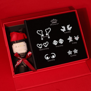 S999纯银针一周耳钉套装 创意耳环礼盒实用耳饰礼物 女简约百搭个性