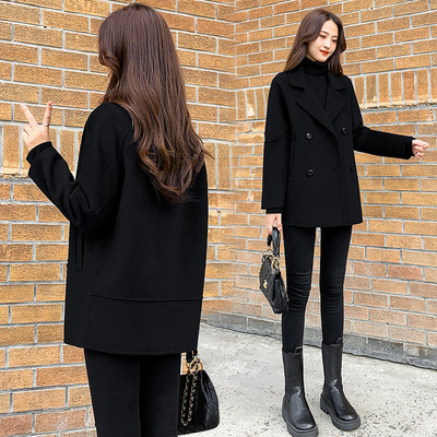 西装领黑色双面羊绒大衣女中长款