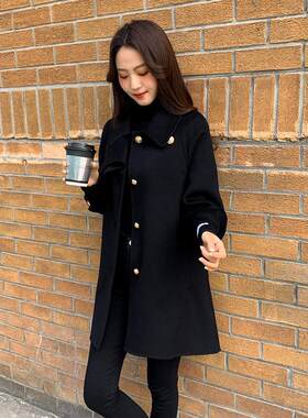 赫本风毛呢外套女中长款修身显瘦