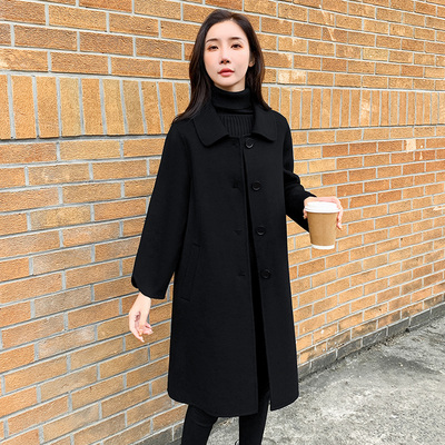 黑色女款翻领双面羊绒大衣中长款