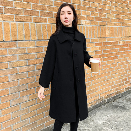 黑色女款翻领双面羊绒大衣中长款
