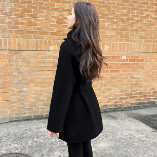 黑色双面羊绒呢子大衣2025女装 收腰毛呢外套立领 秋冬小个子中长款