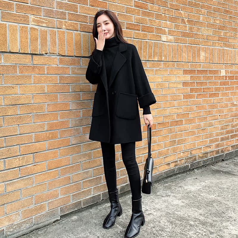 黑色百搭新款双面羊绒大衣中长款