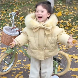 女童短款大毛领羽绒棉服保暖中大童冬季加厚外套韩版棉衣
