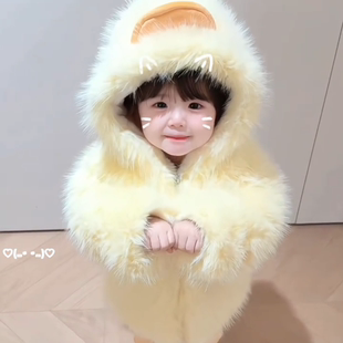 儿童冬季加绒加厚小黄鸭子仿皮草外套男女宝宝中大童毛毛衣棉衣