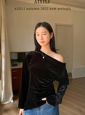 AIXILI爱西里-拼接木耳花边设计斜肩不规则下摆丝绒上衣小衫15505