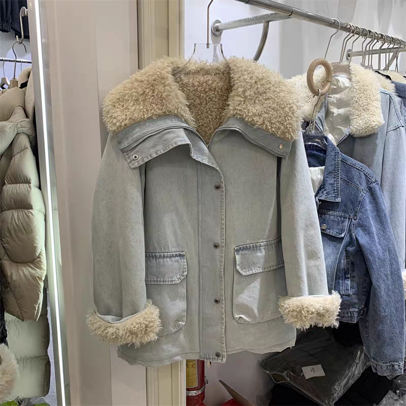 -大翻领羊羔毛女韩系2025冬新高级感内胆加厚外套中长款牛仔外套